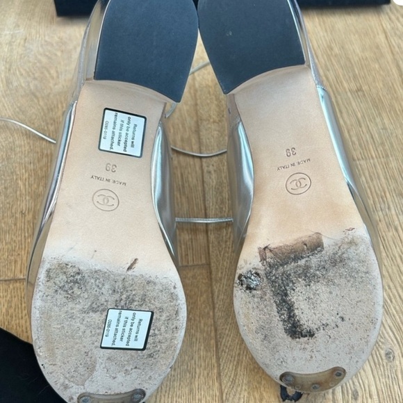 💕CHANEL Silver Leather Chain Transparent Open Toe Ankle Boots - Picture 8 of 9